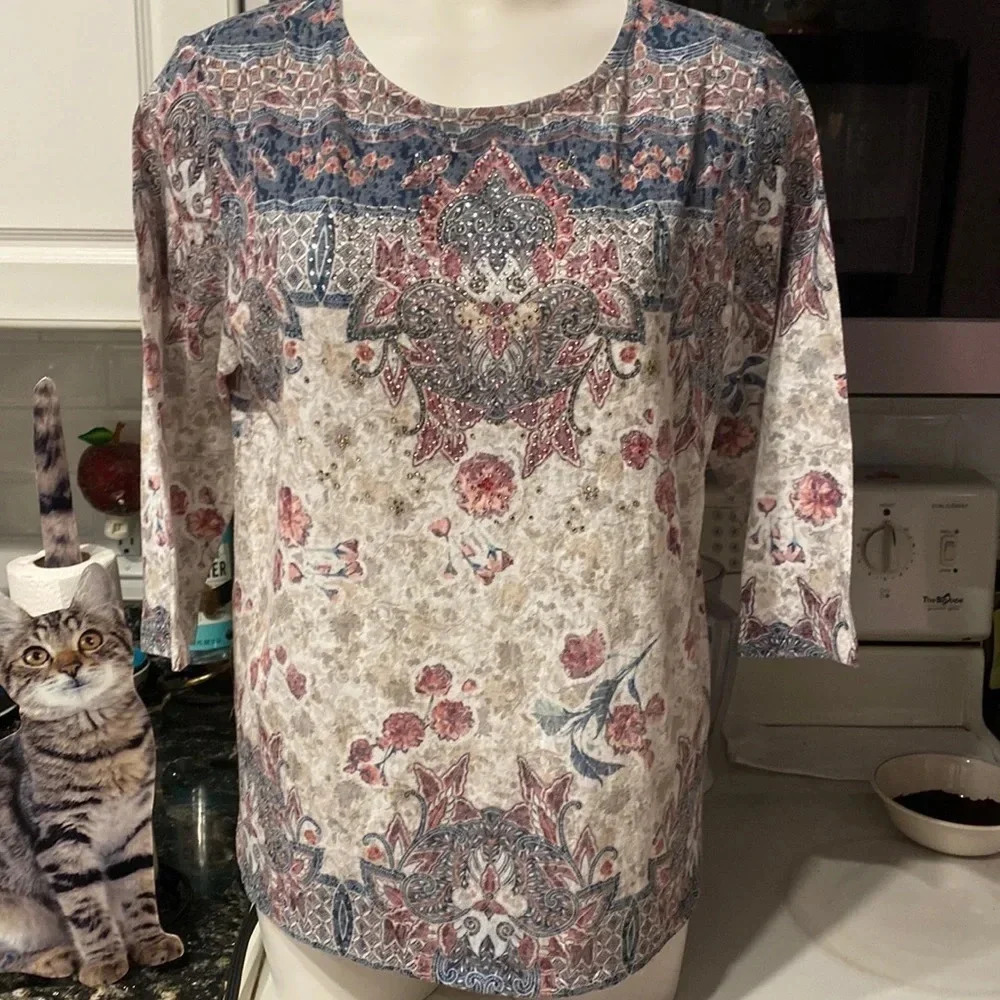U womens Laura Scott casual 3/4 sleeve floral stretch plus size top XL